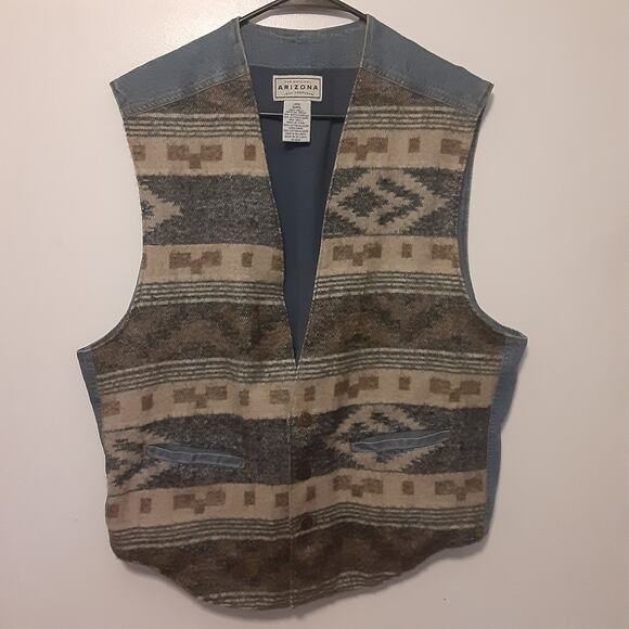 Vtg 90s Arizona Jean Company Denim Blue Vest Western Aztec Boho Mens Size L - Picture 1 of 7